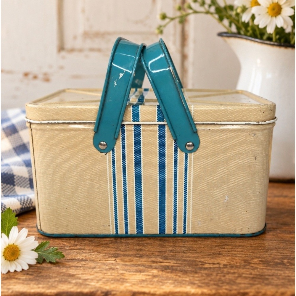 Vintage 1950s Child's Metal Lunch Pail Blue Stripe Farmhouse Tin Lunch Box